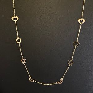 Solid 14K Yellow Gold Moon; Star; Flower Necklace